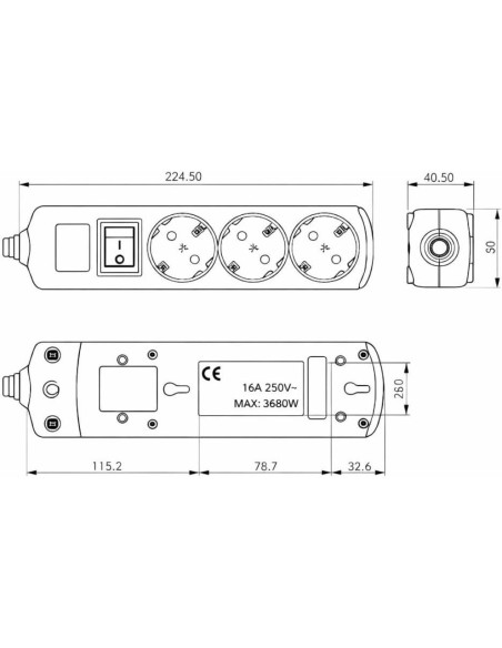 Regleta 3 Enchufes Schuko Pared Interruptor 16A 250V 3680W