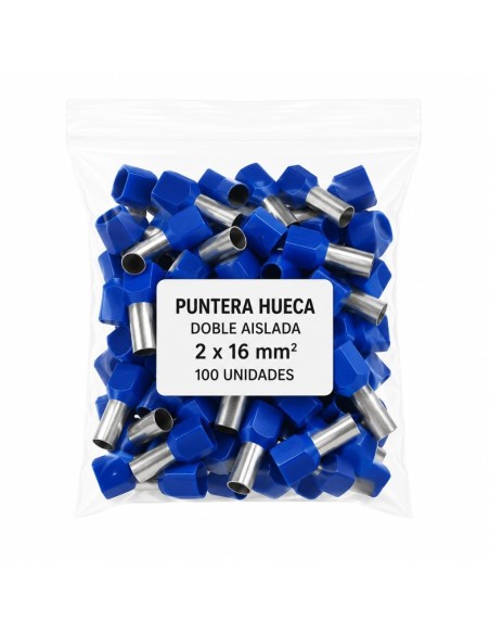 100 Punteras Huecas Dobles Aislantes Azules 16mm² Crimpado