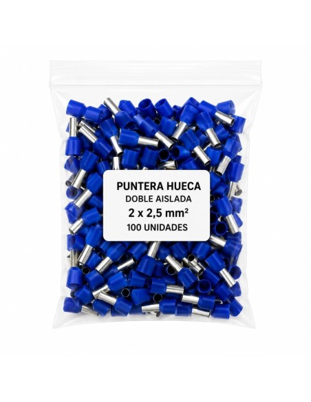 100 Punteras Huecas Dobles Aislantes Azules 2,5mm² Crimpado
