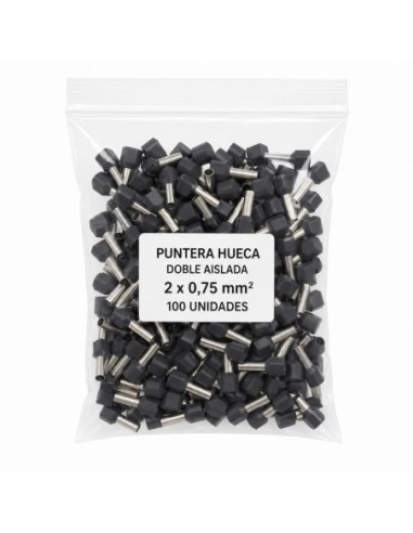100 Punteras Huecas Dobles Aislantes Grises 0,75mm² Crimpado