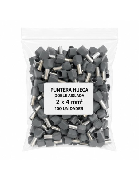 100 Punteras Huecas Dobles Aislantes Grises 4mm² Crimpado