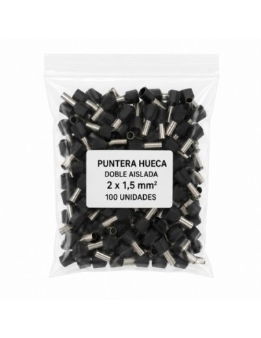 100 Punteras Huecas Dobles Aislantes Negras 1,5mm² Crimpado