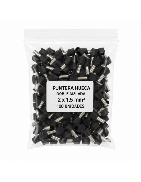 100 Punteras Huecas Dobles Aislantes Negras 1,5mm² Crimpado