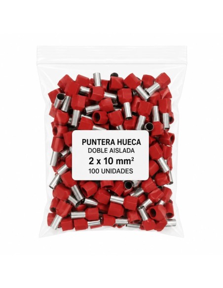 100 Punteras Huecas Dobles Aislantes Rojas 10mm² Crimpado
