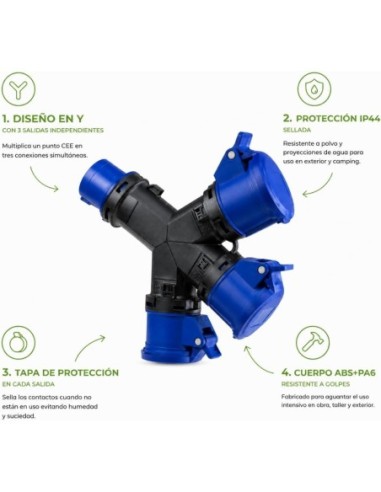 Adaptador CEE Caravana Enchufe Industrial 3 Tomas 2P+T 16A IP54 230V Famatel