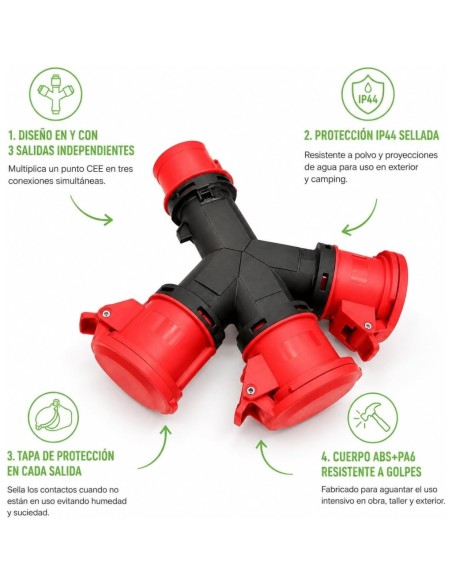 Adaptador CEE Caravana Enchufe Industrial 3 Tomas 3P+N+T 16A IP54 380V Famatel