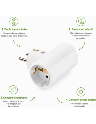 Adaptador Enchufes Europeos 2 Tomas Schuko 16A 250V Blanco Famatel