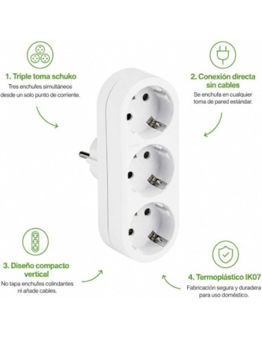 Adaptador Triple Schuko 16A 250V 2P+T Ladrón 3 Tomas Interior Blanco Famatel