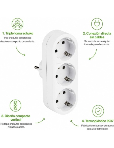 Adaptador Triple Schuko 16A 250V 2P+T Ladrón 3 Tomas Interior Blanco Famatel
