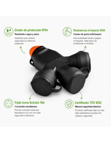 Adaptador Triple Schuko Goma IP54 16A 250V Regleta 3 Enchufes Estanca Famatel