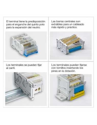 Bloque Terminales Distribución Bipolar 7 Hilos 125A 750V Carril DIN