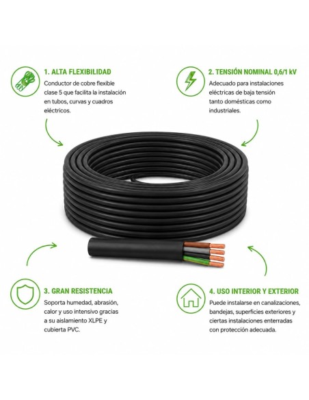Cable RV-K 4x2,5mm² 0.6/1kV 25m Manguera Tetrapolar Negro