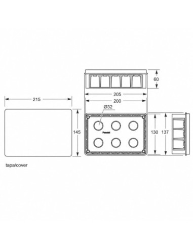 Caja de Registro Empotrada 200x130x60mm Tapa Tornillos 6 Entradas