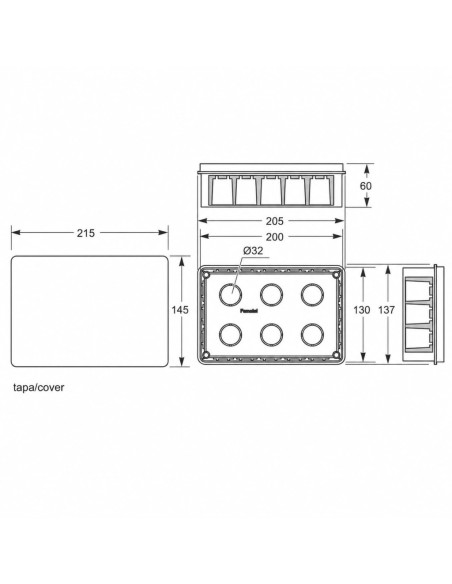 Caja de Registro Empotrada 200x130x60mm Tapa Tornillos 6 Entradas