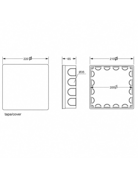 Caja de Registro Empotrada 200x200x65mm - Tapa con Tornillos