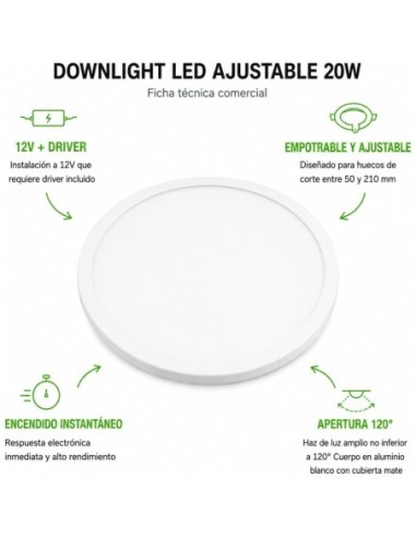 Downlight LED Empotrable 20W Ajustable Ø50-210mm 6400K Blanco Matel
