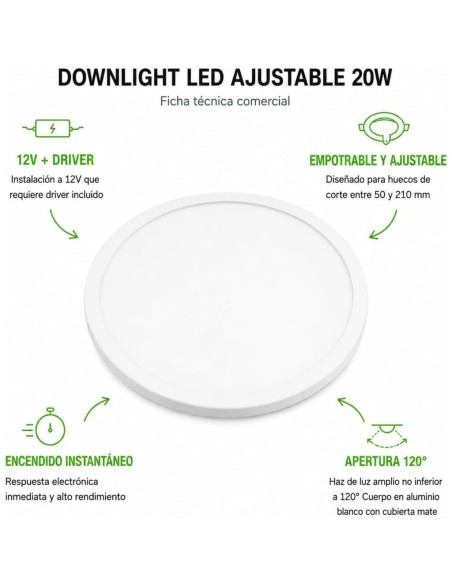 Downlight LED Empotrable 20W Ajustable Ø50-210mm 6400K Blanco Matel