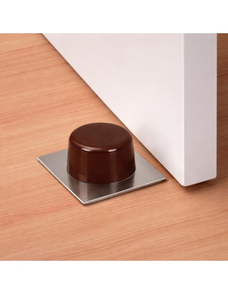 Tope Puerta Suelo Adhesivo Marrón 43x43mm Inox Goma x2