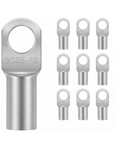 Terminal Tubular Cobre 25mm² Ojal M12 10 Uds para Batería Coche Moto