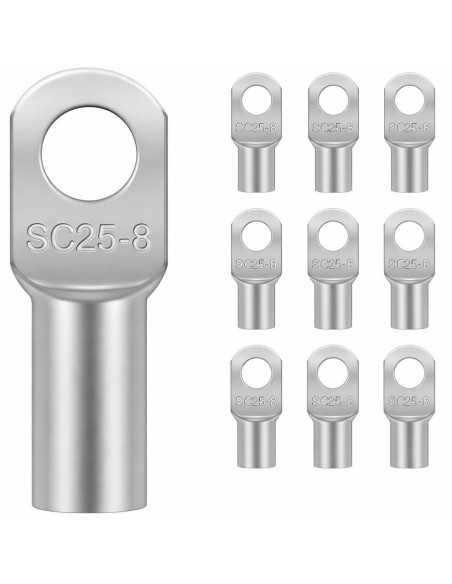 Terminal de Cobre Tubular 25mm² Ojal M8 10 Uds para Crimpado
